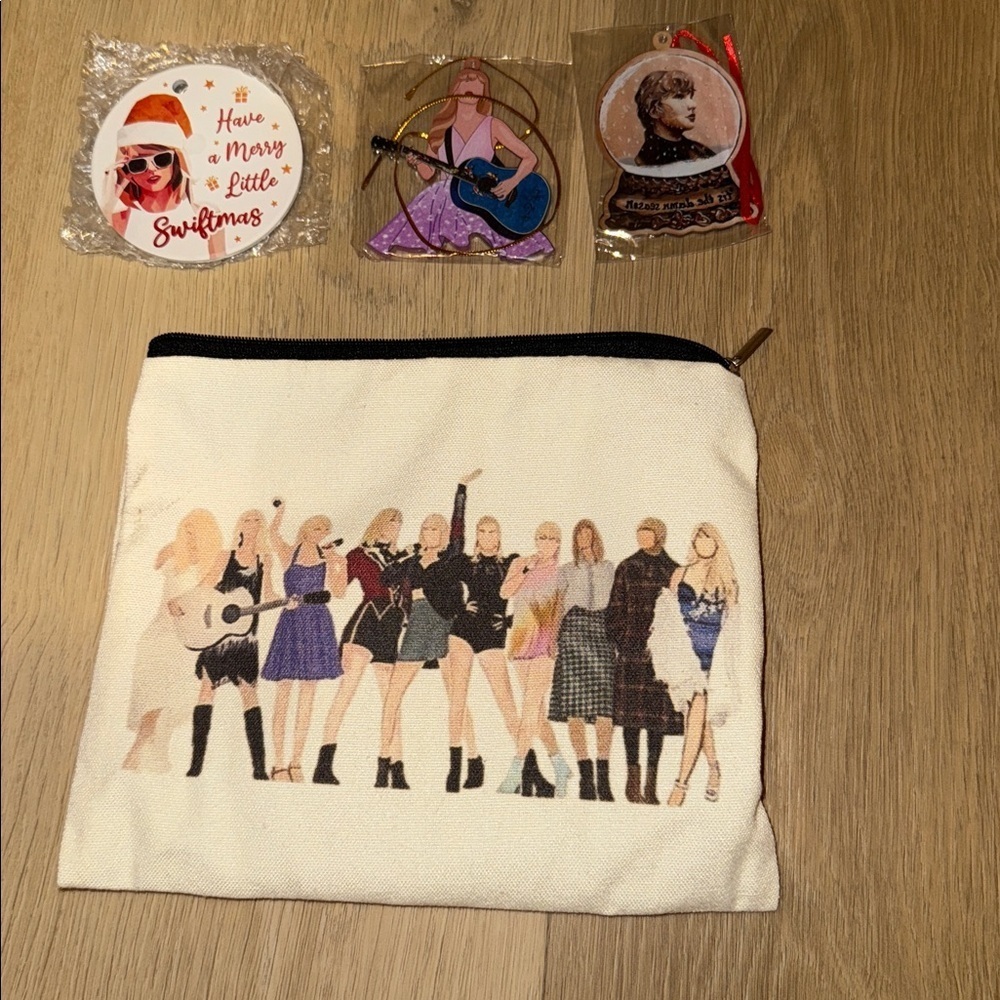 Taylor swift Christmas bundle of 3 ornaments and zippered pouch new!